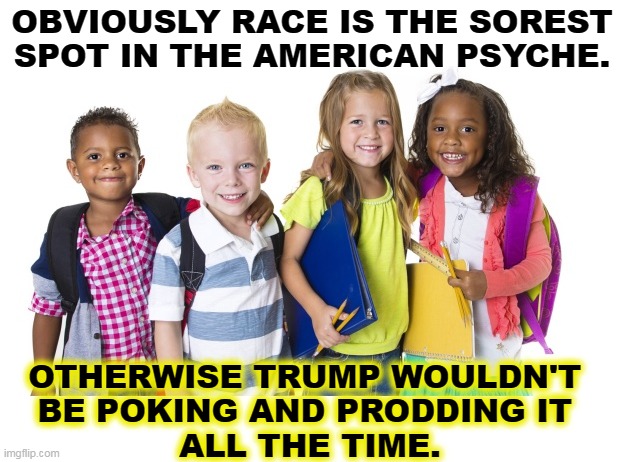 We wouldn't be talking about Critical Race Theory if we'd been honest in the first place. | OBVIOUSLY RACE IS THE SOREST SPOT IN THE AMERICAN PSYCHE. OTHERWISE TRUMP WOULDN'T 
BE POKING AND PRODDING IT 
ALL THE TIME. | image tagged in trump,racist,america,pain | made w/ Imgflip meme maker