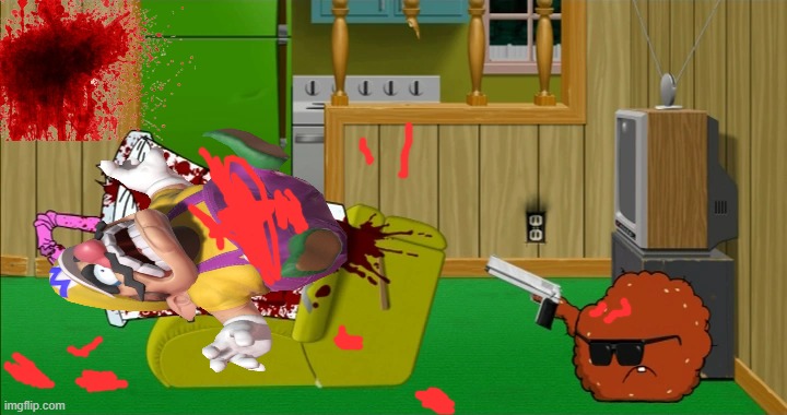 wario gets shot by Meatwad while watching mtv's jackass and dies | image tagged in meatwad slaughters master shake,aqua teen hunger force,wario,wario dies,meatwad | made w/ Imgflip meme maker