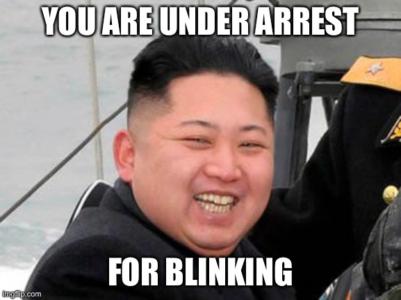Happy Kim Jong Un | YOU ARE UNDER ARREST FOR BLINKING | image tagged in happy kim jong un | made w/ Imgflip meme maker