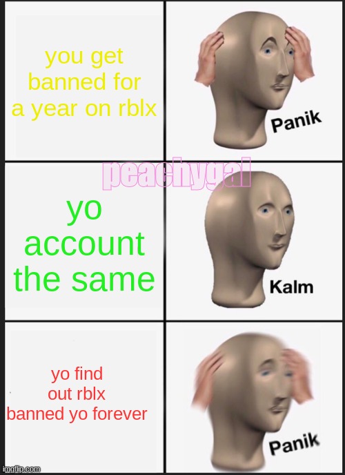 rblx ban | you get banned for a year on rblx; peachygal; yo account the same; yo find out rblx banned yo forever | image tagged in memes,panik kalm panik | made w/ Imgflip meme maker