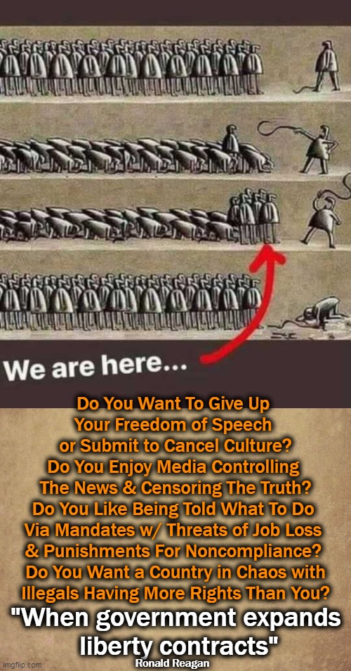 'We The People' Tell the Government What to Do . . . . | Do You Want To Give Up 
Your Freedom of Speech 
or Submit to Cancel Culture?
Do You Enjoy Media Controlling 
The News & Censoring The Truth?
Do You Like Being Told What To Do 
Via Mandates w/ Threats of Job Loss 
& Punishments For Noncompliance? 
Do You Want a Country in Chaos with
Illegals Having More Rights Than You? "When government expands 
liberty contracts"; Ronald Reagan | image tagged in politics,conservative logic,big government,government corruption,strength in numbers | made w/ Imgflip meme maker
