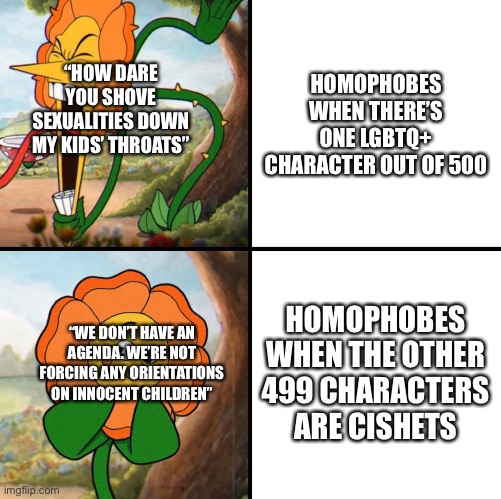 angry flower | HOMOPHOBES WHEN THERE’S ONE LGBTQ+ CHARACTER OUT OF 500; “HOW DARE YOU SHOVE SEXUALITIES DOWN MY KIDS’ THROATS”; HOMOPHOBES WHEN THE OTHER 499 CHARACTERS ARE CISHETS; “WE DON’T HAVE AN AGENDA. WE’RE NOT FORCING ANY ORIENTATIONS ON INNOCENT CHILDREN” | image tagged in angry flower | made w/ Imgflip meme maker