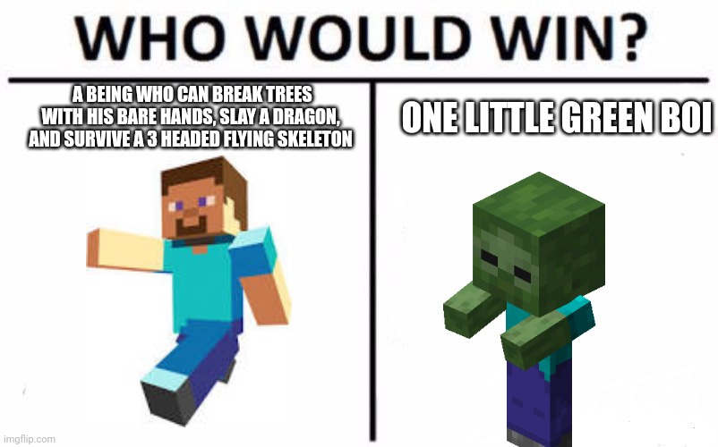 Who Would Win? | ONE LITTLE GREEN BOI; A BEING WHO CAN BREAK TREES WITH HIS BARE HANDS, SLAY A DRAGON,  AND SURVIVE A 3 HEADED FLYING SKELETON | image tagged in memes,who would win | made w/ Imgflip meme maker