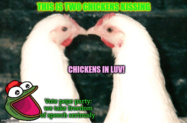 Vote Libertarian | THIS IS TWO CHICKENS KISSING; CHICKENS IN LUV! Vote pepe party: we take freedom of speech seriously | image tagged in pepe the frog,chickens,kissing,vote,libertarian | made w/ Imgflip meme maker