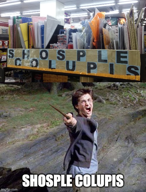 SHOSPLE COLUPIS | image tagged in harry potter yelling | made w/ Imgflip meme maker