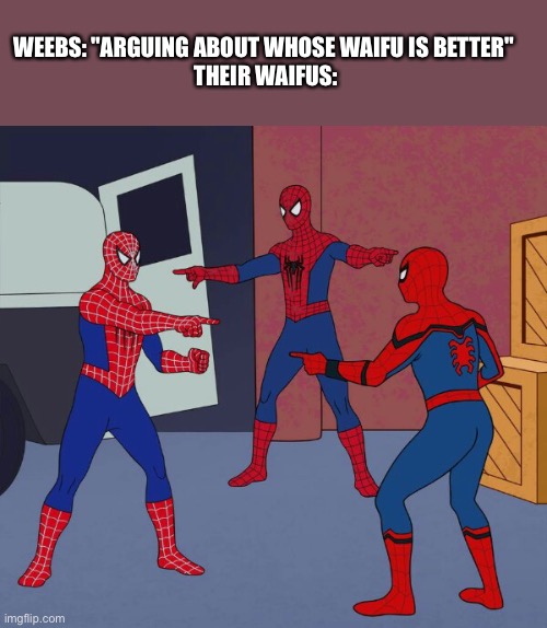 They all look the same | WEEBS: "ARGUING ABOUT WHOSE WAIFU IS BETTER" 
THEIR WAIFUS: | image tagged in spider man triple | made w/ Imgflip meme maker