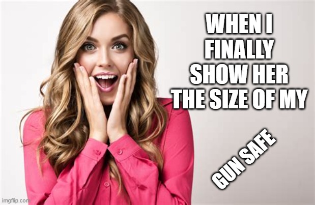 surprise | WHEN I FINALLY SHOW HER THE SIZE OF MY; GUN SAFE | image tagged in gun safe,surprise,guns,girls with guns | made w/ Imgflip meme maker