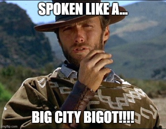 Man with no name | SPOKEN LIKE A... BIG CITY BIGOT!!!! | image tagged in man with no name | made w/ Imgflip meme maker
