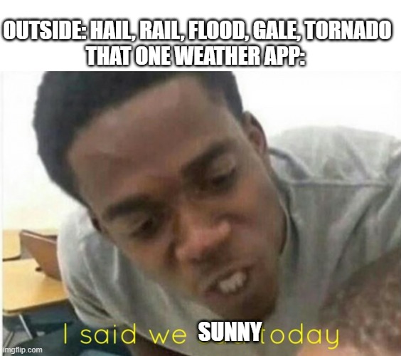 it always happens | OUTSIDE: HAIL, RAIL, FLOOD, GALE, TORNADO
THAT ONE WEATHER APP:; SUNNY | image tagged in i said we ____ today,weather app | made w/ Imgflip meme maker