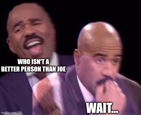 Steve Harvey Laughing Serious | WHO ISN'T A BETTER PERSON THAN JOE WAIT... | image tagged in steve harvey laughing serious | made w/ Imgflip meme maker