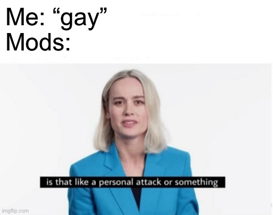 This is the part where you laugh | Me: “gay”
Mods: | image tagged in is that like a personal attack or something | made w/ Imgflip meme maker