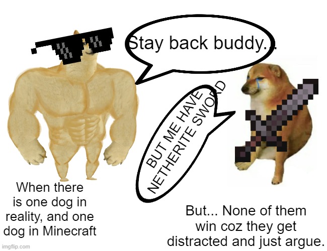 Minecraft... Real life.... Dogs | Stay back buddy... BUT ME HAVE NETHERITE SWORD; When there is one dog in reality, and one dog in Minecraft; But... None of them win coz they get distracted and just argue. | image tagged in memes,buff doge vs cheems | made w/ Imgflip meme maker