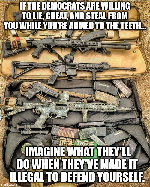 IF THE DEMOCRATS ARE WILLING TO LIE, CHEAT, AND STEAL FROM YOU WHILE YOU'RE ARMED TO THE TEETH…; IMAGINE WHAT THEY'LL DO WHEN THEY'VE MADE IT ILLEGAL TO DEFEND YOURSELF. | made w/ Imgflip meme maker