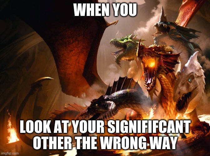 When you look at your significant other the wrong way | WHEN YOU; LOOK AT YOUR SIGNIFIFCANT OTHER THE WRONG WAY | image tagged in tiamat | made w/ Imgflip meme maker