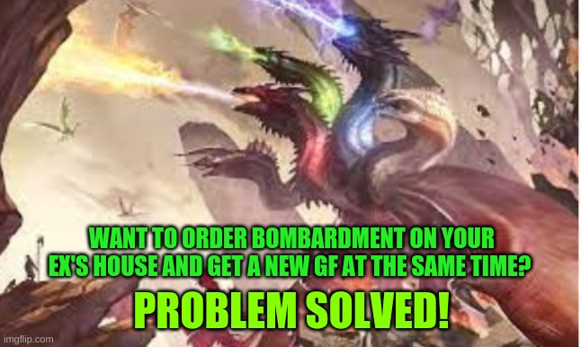 2 for 1 deal | WANT TO ORDER BOMBARDMENT ON YOUR EX'S HOUSE AND GET A NEW GF AT THE SAME TIME? PROBLEM SOLVED! | image tagged in memes | made w/ Imgflip meme maker