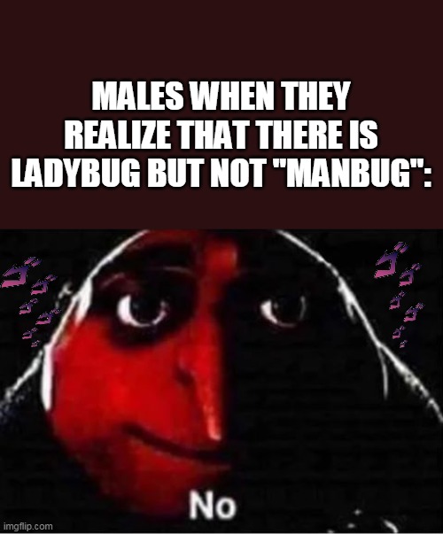 Feminists when memes? nahhhh | MALES WHEN THEY REALIZE THAT THERE IS LADYBUG BUT NOT "MANBUG": | image tagged in gru no | made w/ Imgflip meme maker