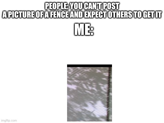 Guess the fence in the comments guys | PEOPLE: YOU CAN’T POST A PICTURE OF A FENCE AND EXPECT OTHERS TO GET IT; ME: | image tagged in blank white template,rickroll,never gonna give you up | made w/ Imgflip meme maker