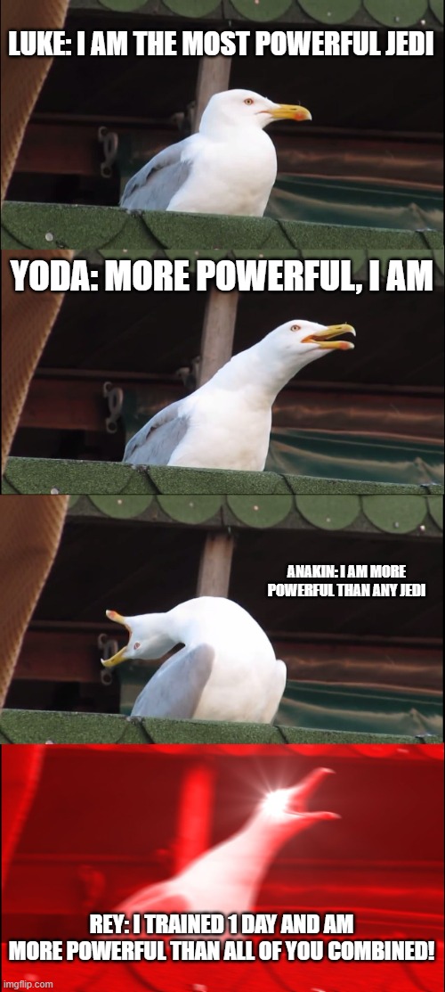 Inhaling Seagull | LUKE: I AM THE MOST POWERFUL JEDI; YODA: MORE POWERFUL, I AM; ANAKIN: I AM MORE POWERFUL THAN ANY JEDI; REY: I TRAINED 1 DAY AND AM MORE POWERFUL THAN ALL OF YOU COMBINED! | image tagged in memes,inhaling seagull | made w/ Imgflip meme maker