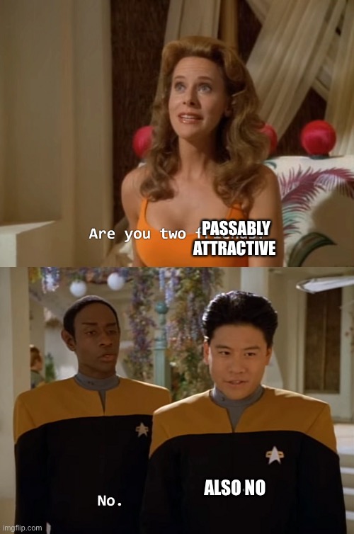 Are you 2 passably attractive | PASSABLY ATTRACTIVE ALSO NO | image tagged in are you two friends,no,no - yes,attractive not | made w/ Imgflip meme maker