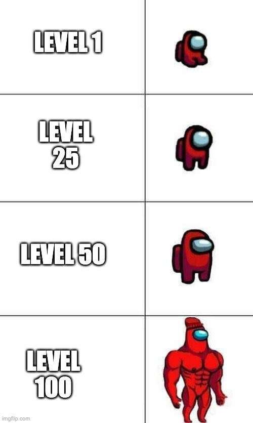 Increasingly Buff Red Crewmate | LEVEL 1; LEVEL 25; LEVEL 50; LEVEL 100 | image tagged in increasingly buff red crewmate | made w/ Imgflip meme maker
