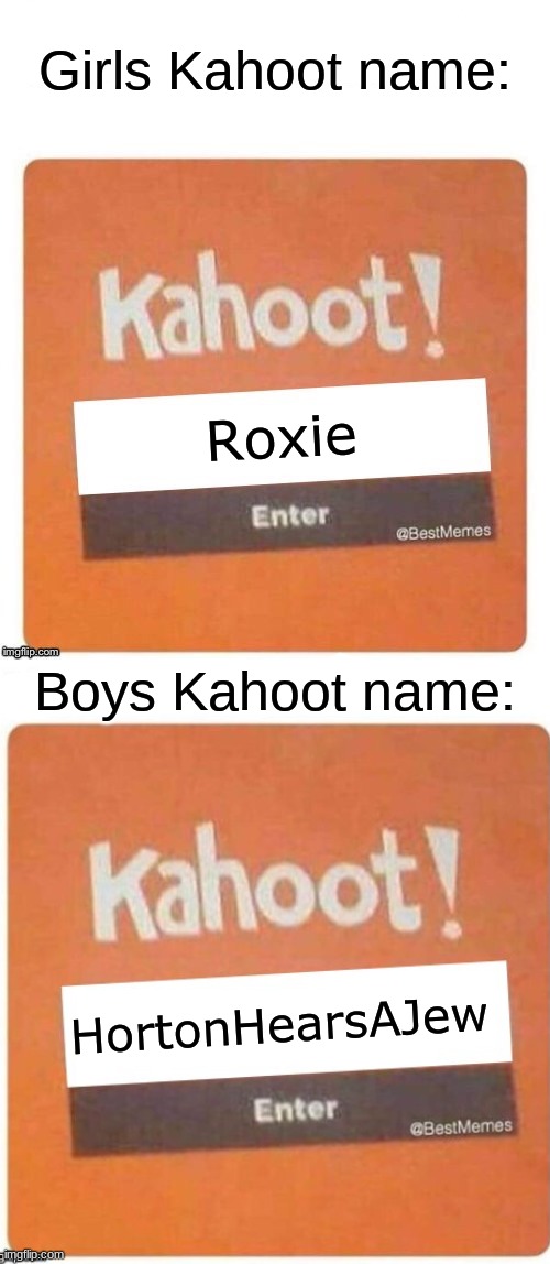 Kahoot names be like: | Girls Kahoot name:; Roxie; Boys Kahoot name:; HortonHearsAJew | image tagged in fun,funny,memes,boys vs girls,dank memes,horton hears a who | made w/ Imgflip meme maker