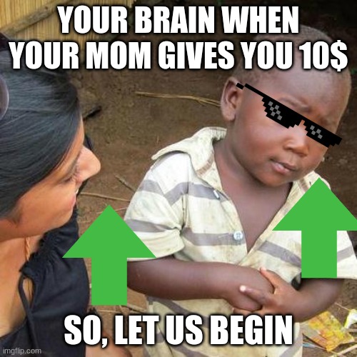 fax | YOUR BRAIN WHEN YOUR MOM GIVES YOU 10$; SO, LET US BEGIN | image tagged in memes,third world skeptical kid | made w/ Imgflip meme maker