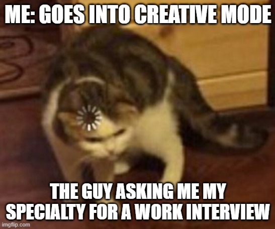 creative mode | ME: GOES INTO CREATIVE MODE; THE GUY ASKING ME MY SPECIALTY FOR A WORK INTERVIEW | image tagged in loading cat | made w/ Imgflip meme maker