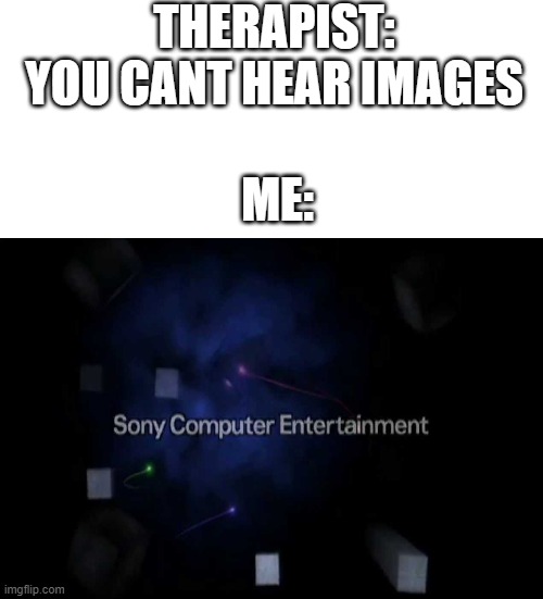 i dare you to watch ps2 startup at full volume | THERAPIST: YOU CANT HEAR IMAGES; ME: | image tagged in lol,haha,playstation,memes,you cant hear images,why are you reading this | made w/ Imgflip meme maker