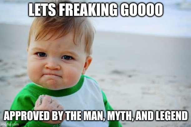 Success Kid Original Meme | LETS FREAKING GOOOO APPROVED BY THE MAN, MYTH, AND LEGEND | image tagged in memes,success kid original | made w/ Imgflip meme maker