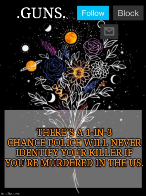 Creepy fact part 1 | THERE'S A 1-IN-3 CHANCE POLICE WILL NEVER IDENTIFY YOUR KILLER IF YOU'RE MURDERED IN THE US. | image tagged in guns announcement template | made w/ Imgflip meme maker