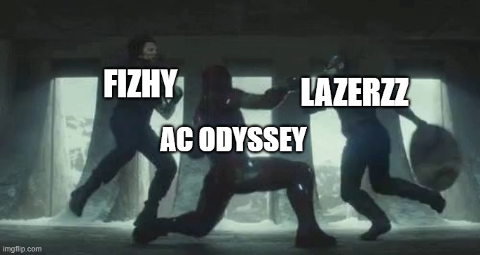 ac odyssey vs Fizhy and LazerzZ | LAZERZZ; FIZHY; AC ODYSSEY | image tagged in iron man vs captain america and bucky,assassins creed,captain america,iron man,winter soldier | made w/ Imgflip meme maker