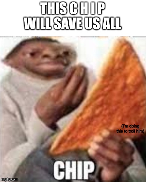 the big ass chip or chip | THIS C H I P WILL SAVE US ALL; (I’m doing this to troll him) | image tagged in the big ass chip or chip | made w/ Imgflip meme maker