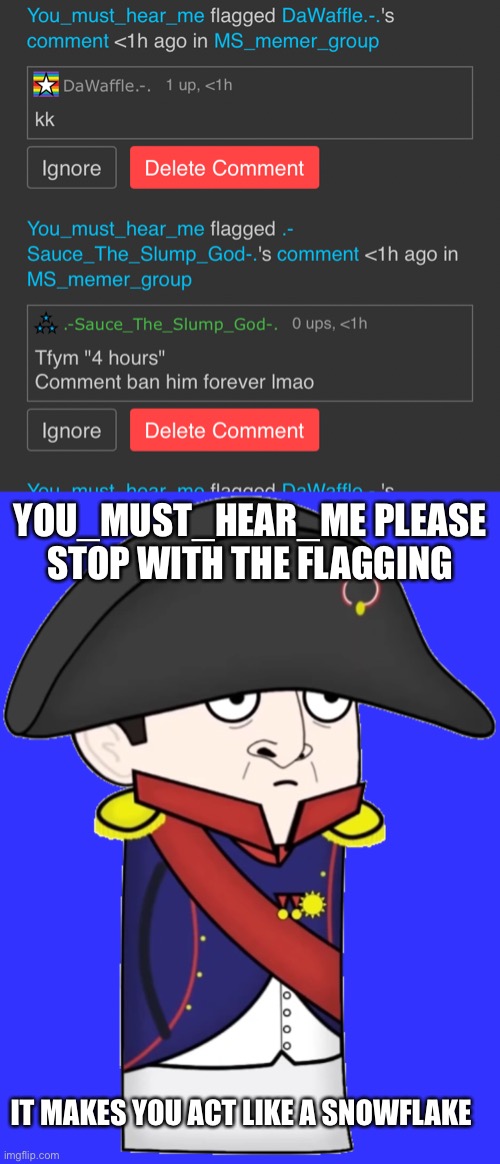 YOU_MUST_HEAR_ME PLEASE STOP WITH THE FLAGGING; IT MAKES YOU ACT LIKE A SNOWFLAKE | image tagged in napoleon | made w/ Imgflip meme maker