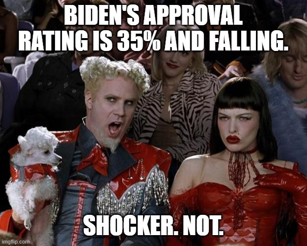 Mugatu So Hot Right Now Meme | BIDEN'S APPROVAL RATING IS 35% AND FALLING. SHOCKER. NOT. | image tagged in memes,mugatu so hot right now | made w/ Imgflip meme maker