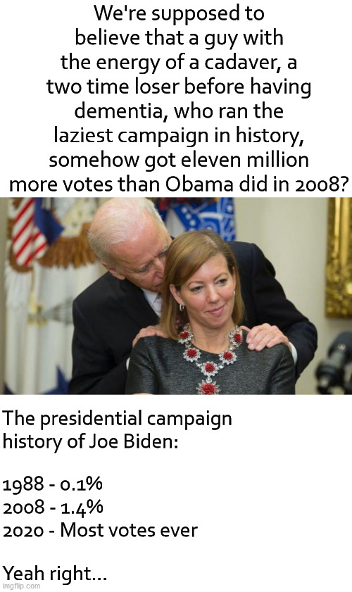 Dementia Joe has gotta go. | We're supposed to believe that a guy with the energy of a cadaver, a two time loser before having dementia, who ran the laziest campaign in history, somehow got eleven million more votes than Obama did in 2008? 1988 - 0.1%
2008 - 1.4%
2020 - Most votes ever; The presidential campaign 
history of Joe Biden:; Yeah right... | image tagged in creepy joe biden,voter fraud,dementia joe as gotta go | made w/ Imgflip meme maker