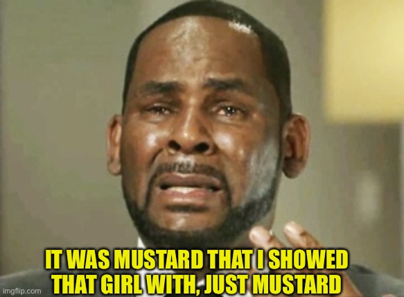 R Kelly and the mustard video, rich would be proud lol jk | IT WAS MUSTARD THAT I SHOWED THAT GIRL WITH, JUST MUSTARD | image tagged in crying r kelly | made w/ Imgflip meme maker