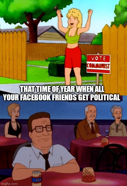 Facebook politics | THAT TIME OF YEAR WHEN ALL YOUR FACEBOOK FRIENDS GET POLITICAL | image tagged in king of the hill,facebook,politics lol | made w/ Imgflip meme maker