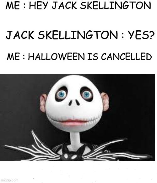 jack...are you ok? | ME : HEY JACK SKELLINGTON; JACK SKELLINGTON : YES? ME : HALLOWEEN IS CANCELLED | image tagged in funny,haha yes,lol,fun,lol so funny,meme | made w/ Imgflip meme maker