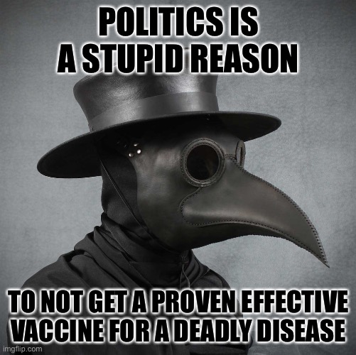 plague doctor | POLITICS IS A STUPID REASON TO NOT GET A PROVEN EFFECTIVE VACCINE FOR A DEADLY DISEASE | image tagged in plague doctor | made w/ Imgflip meme maker