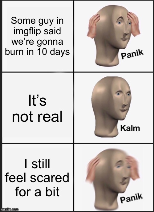 Panik Kalm Panik | Some guy in imgflip said we’re gonna burn in 10 days; It’s not real; I still feel scared for a bit | image tagged in memes,panik kalm panik | made w/ Imgflip meme maker