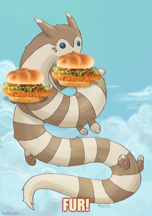 Long boi furret has two sandwiches! | FUR! | image tagged in long boi,furret,likes,chicken,sandwich,pokemon | made w/ Imgflip meme maker
