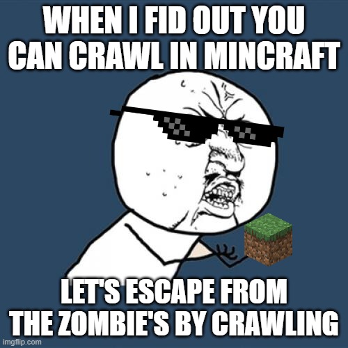 crawl away | WHEN I FID OUT YOU CAN CRAWL IN MINCRAFT; LET'S ESCAPE FROM THE ZOMBIE'S BY CRAWLING | image tagged in y u no | made w/ Imgflip meme maker