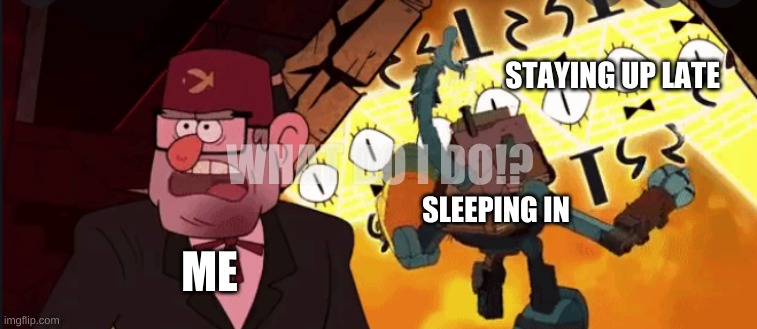 stan and bill | WHAT DO I DO!? STAYING UP LATE; SLEEPING IN; ME | image tagged in stan and bill | made w/ Imgflip meme maker