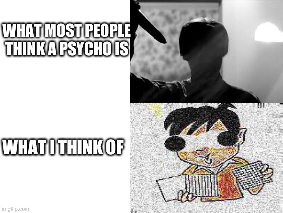 Day 7 of me running out of titles | WHAT MOST PEOPLE THINK A PSYCHO IS; WHAT I THINK OF | image tagged in blank white template | made w/ Imgflip meme maker