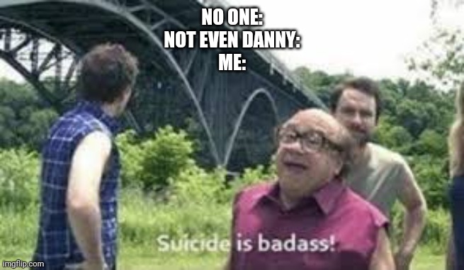Dying inside, love y'all | NO ONE:
NOT EVEN DANNY:
ME: | image tagged in suicide is badass | made w/ Imgflip meme maker