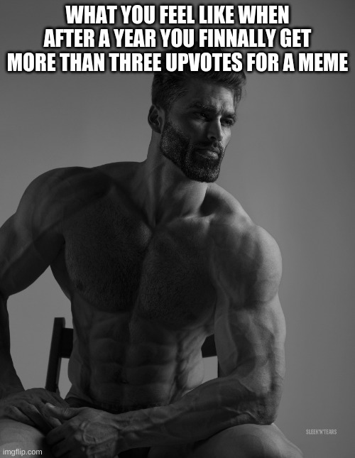 Giga Chad |  WHAT YOU FEEL LIKE WHEN AFTER A YEAR YOU FINALLY GET MORE THAN THREE UPVOTES FOR A MEME | image tagged in giga chad | made w/ Imgflip meme maker