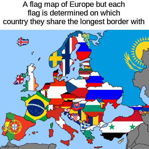 A flag map of Europe but each flag is determined on which country they share the longest border with | made w/ Imgflip meme maker