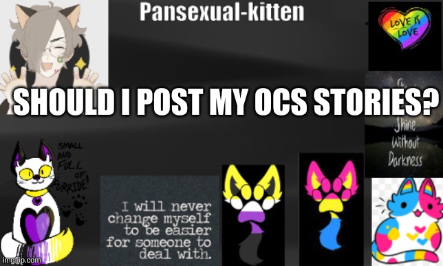 idk its late | SHOULD I POST MY OCS STORIES? | image tagged in -pansexual-kitten- | made w/ Imgflip meme maker