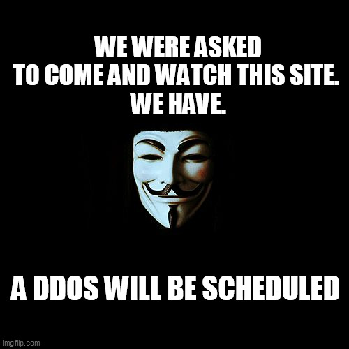 anonymous | WE WERE ASKED TO COME AND WATCH THIS SITE. 
WE HAVE. A DDOS WILL BE SCHEDULED | image tagged in anonymous | made w/ Imgflip meme maker