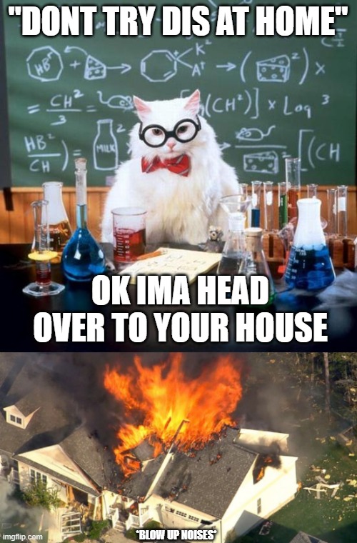 "DONT TRY DIS AT HOME"; OK IMA HEAD OVER TO YOUR HOUSE; *BLOW UP NOISES* | image tagged in memes,chemistry cat,science,science cat,explosion,fire | made w/ Imgflip meme maker